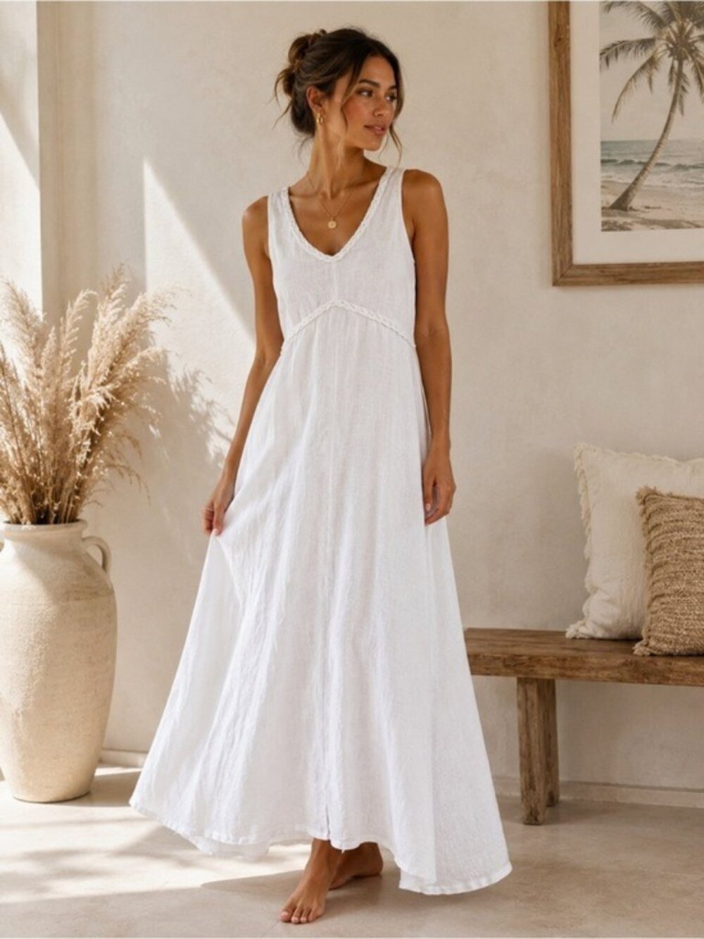 Tommy Bahama 100% Linen White Maxi Dress Size 8 Resort Coastal